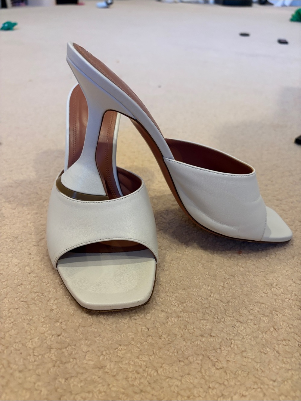Amina Muaddi White Leather Open-Toe High Heel Mules